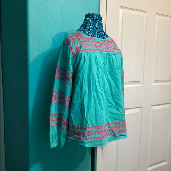 j. marie Tops - 💥PRICE DROP💥 J. Marie Embroidered Turquoise Pink Long Balloon Sleeve Top